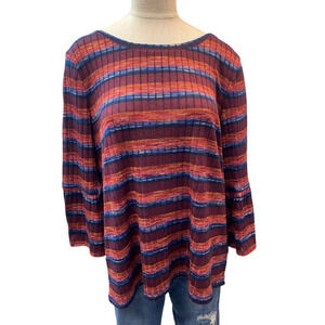 Ruby Rd Womens XL Multi-Color Striped Ribbed Knit Bell Sleeve Top 61151 T6